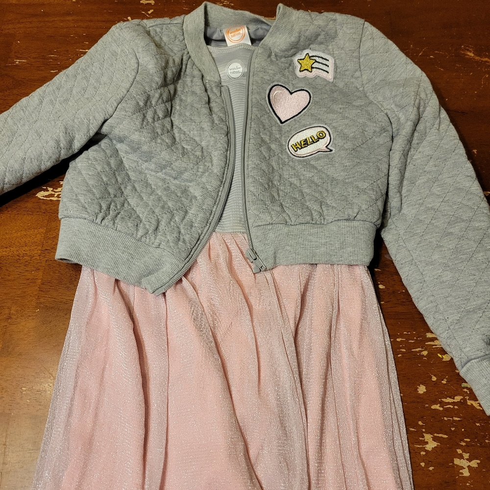 Gray Quilted Jacket with Pink Dress